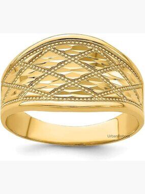 14K Yellow Gold Diamond-Cut Marquise Quilted Pattern Ring Sz 5.5